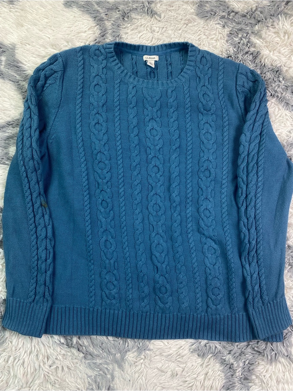 LL Bean Sweater Women's Blue Cable Knit 3D 2X Crewneck Pullover